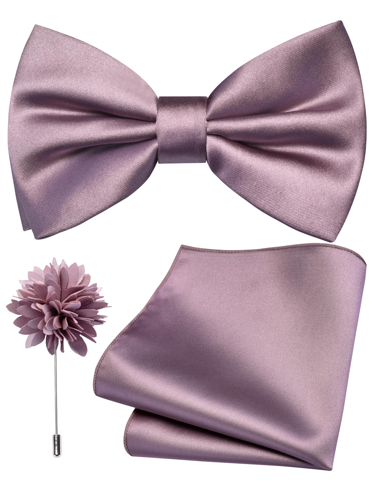 Branduce Solid Color Pre-tied Bow Tie and Pocket Square Lapel Pin Set for Men