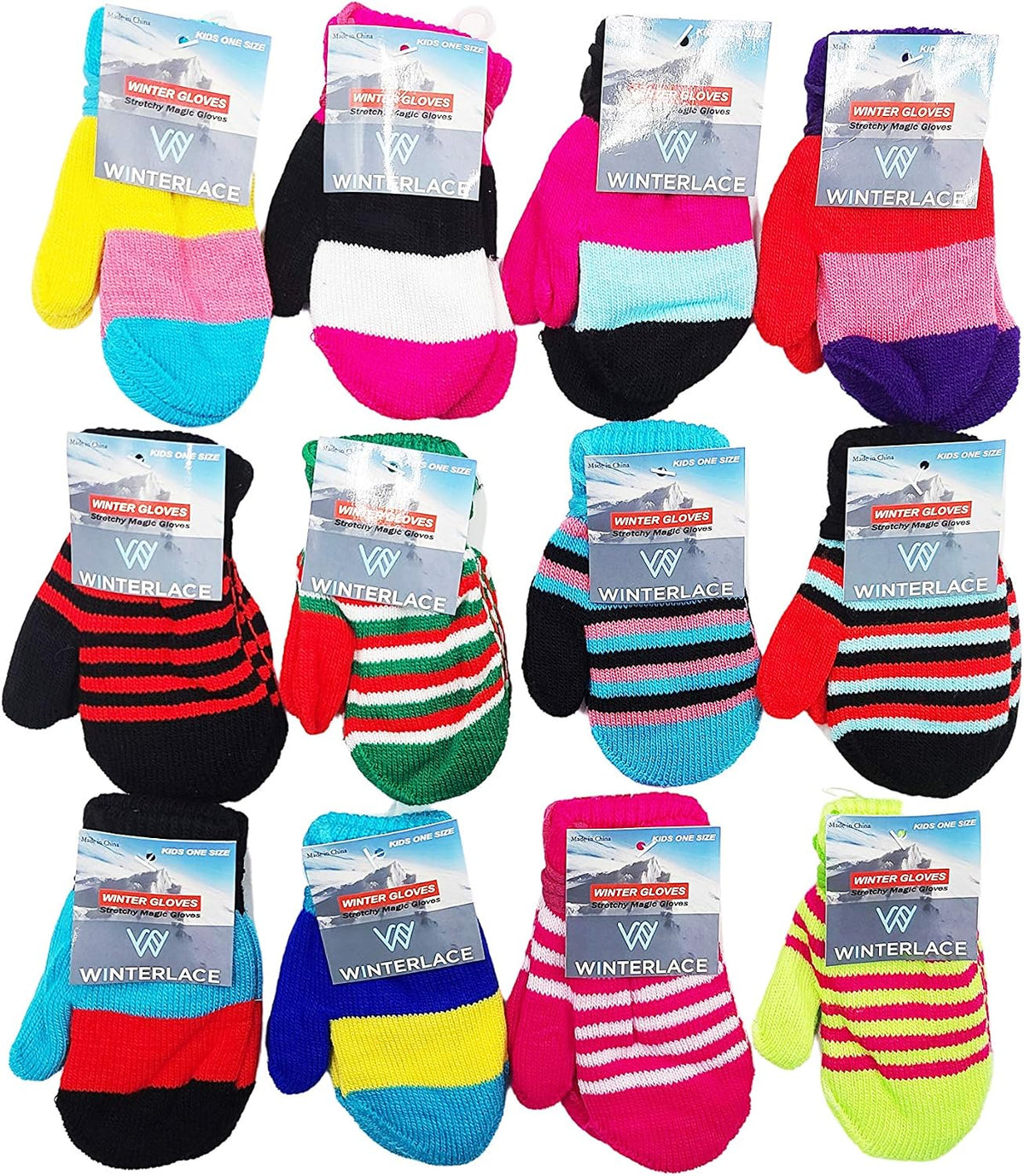 12 Pairs Kids Winter Gloves, Children Bulk Pack Fun Colorful Cute Magic Glove for Boys & Girls
