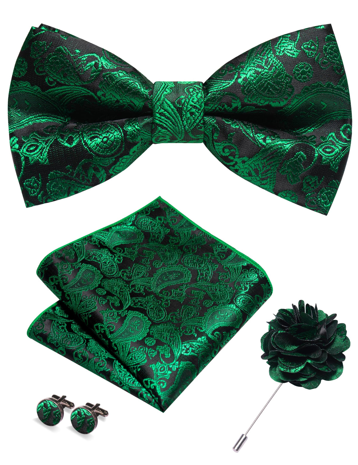JEMYGINS Paisley Pre-tied Bow Tie and Pocket Square Cufflinks Lapel Pin Sets for Men 4PCS