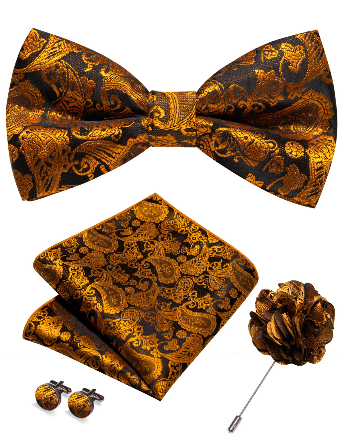 JEMYGINS Paisley Pre-tied Bow Tie and Pocket Square Cufflinks Lapel Pin Sets for Men 4PCS