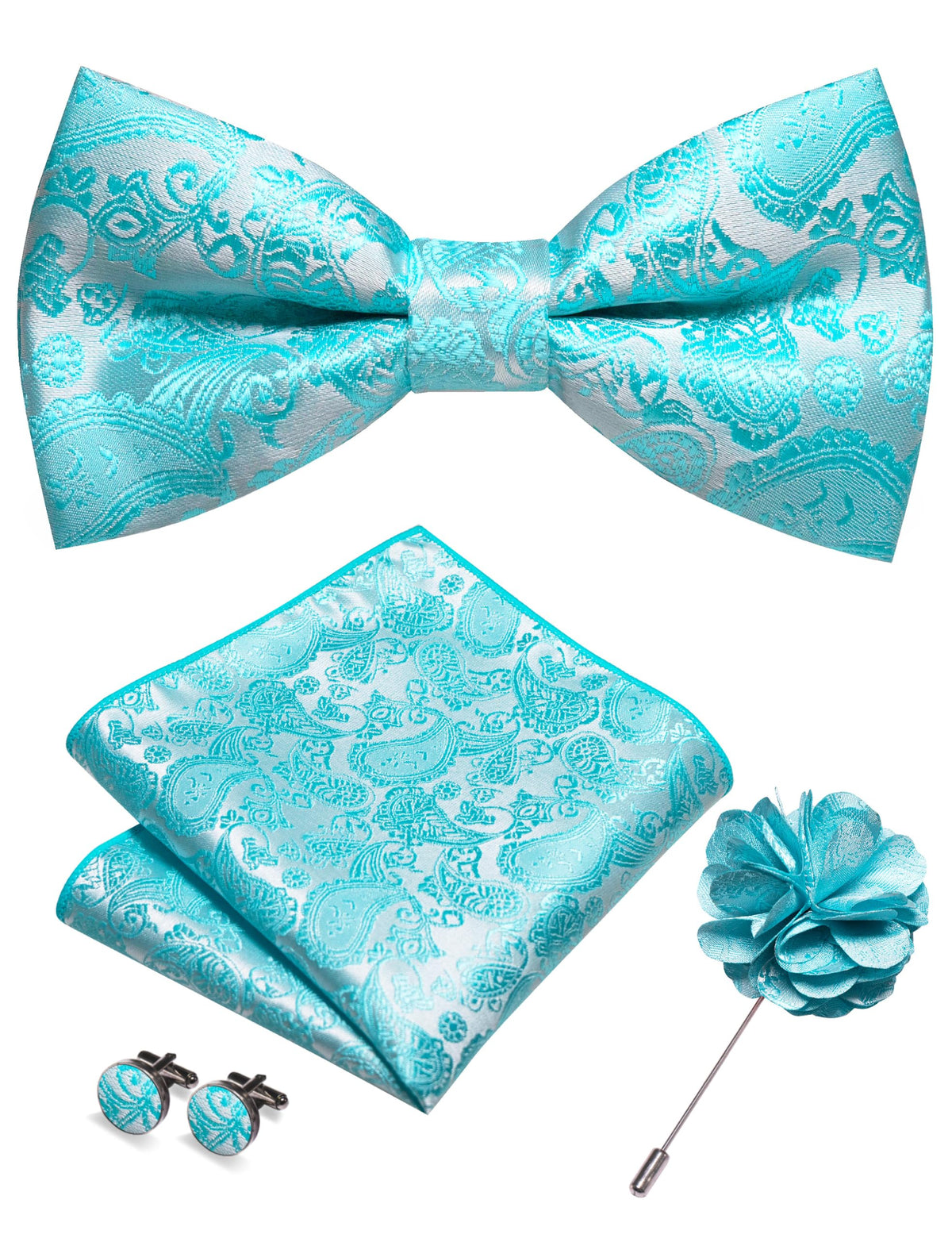 JEMYGINS Paisley Pre-tied Bow Tie and Pocket Square Cufflinks Lapel Pin Sets for Men 4PCS