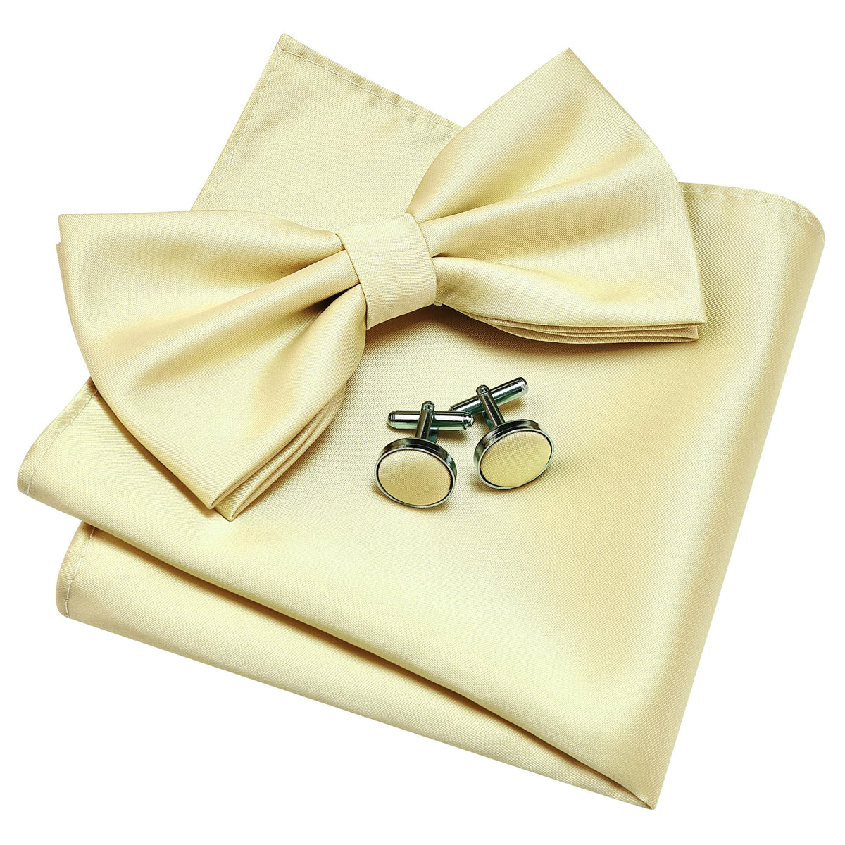 GUSLESON Mens Solid Color Double Fold Pre-tied Bow Tie and Pocket Square Cufflink Set with Gift Box