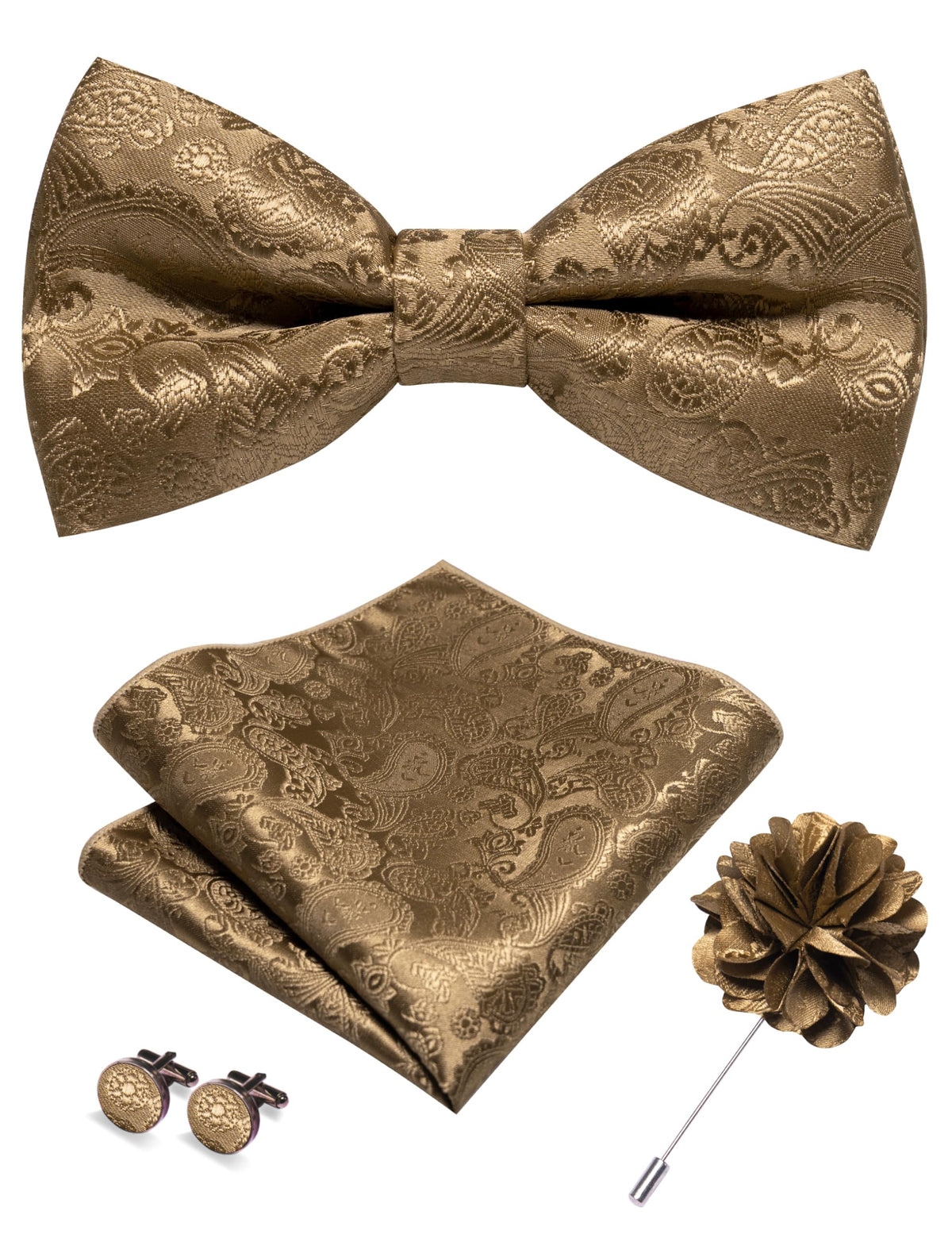 JEMYGINS Paisley Pre-tied Bow Tie and Pocket Square Cufflinks Lapel Pin Sets for Men 4PCS