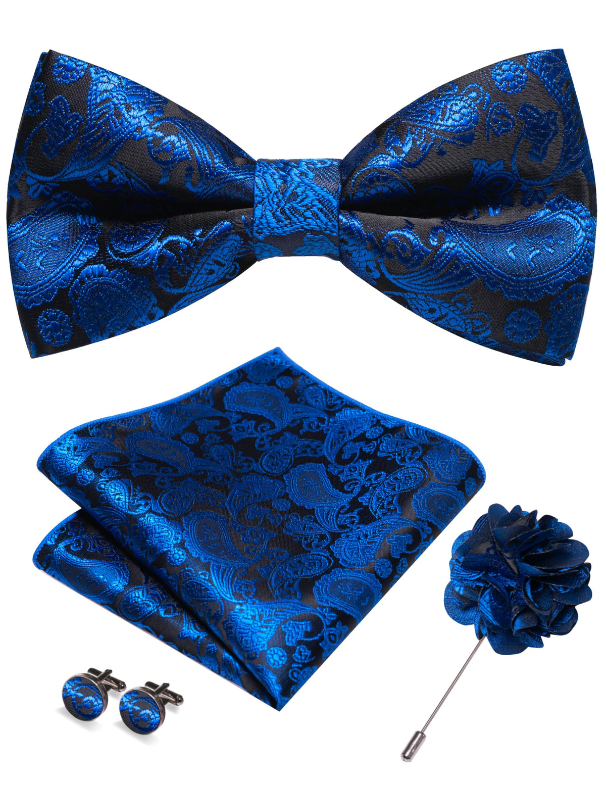 JEMYGINS Paisley Pre-tied Bow Tie and Pocket Square Cufflinks Lapel Pin Sets for Men 4PCS