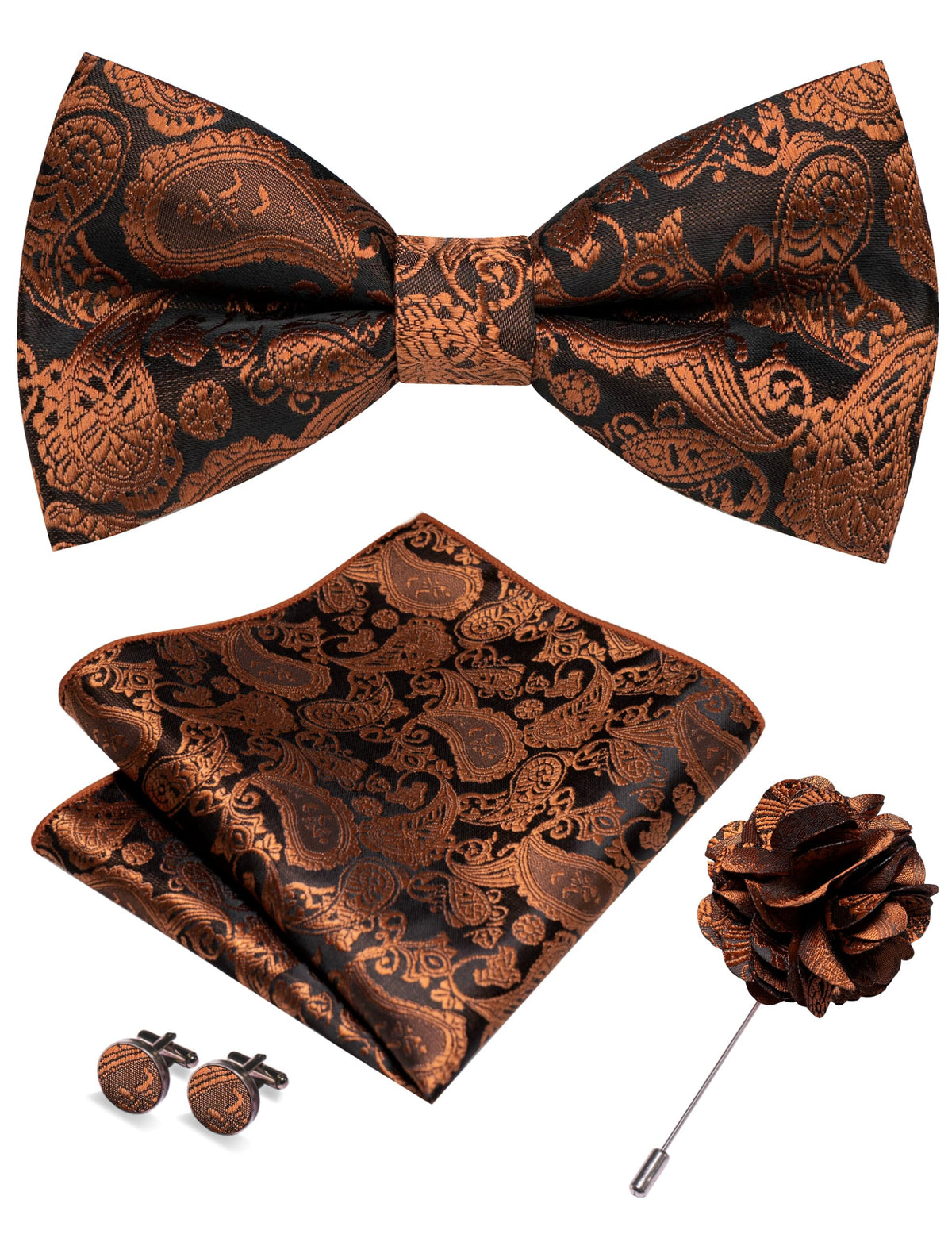 JEMYGINS Paisley Pre-tied Bow Tie and Pocket Square Cufflinks Lapel Pin Sets for Men 4PCS