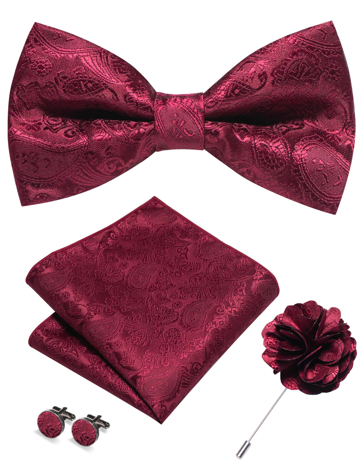 JEMYGINS Paisley Pre-tied Bow Tie and Pocket Square Cufflinks Lapel Pin Sets for Men 4PCS