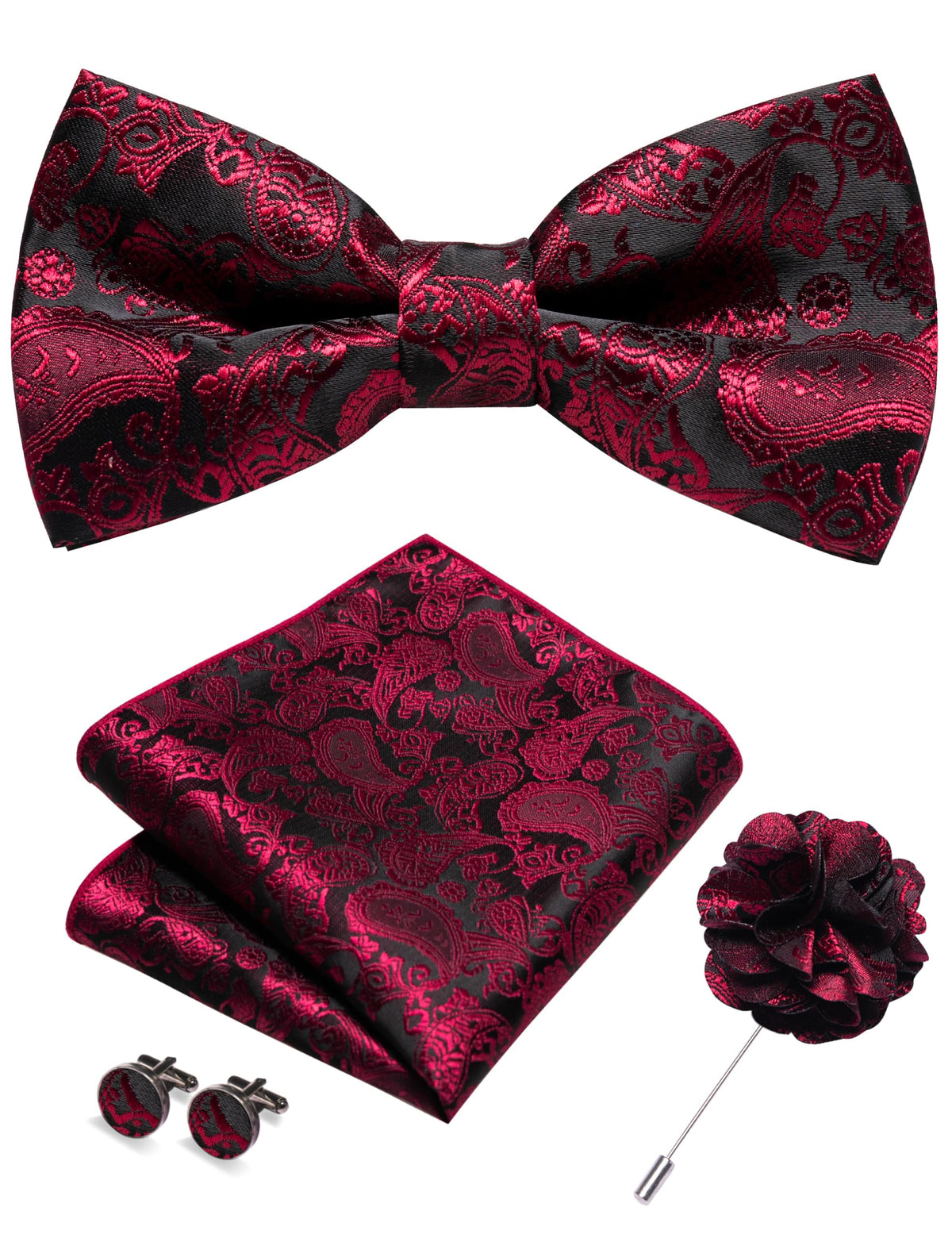 JEMYGINS Paisley Pre-tied Bow Tie and Pocket Square Cufflinks Lapel Pin Sets for Men 4PCS