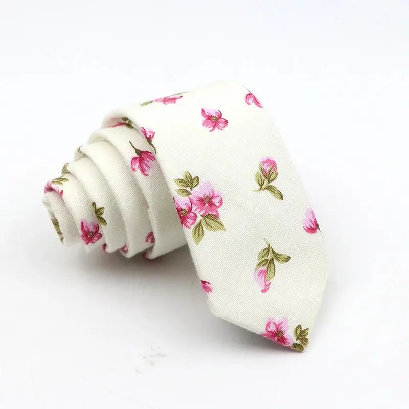 Men's Skinny Floral Cotton Necktie - Classic Print Adult Male Clothing Accessory for Weddings, Casual Suit Outfits