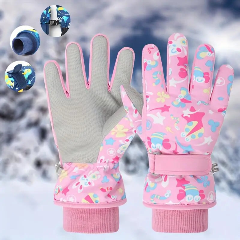 Kids' Thickened Full Hand Coldproof Ski Gloves, 4-5 Years+, Adjustable Wrist Strap, Colorful Designs, Warm for Skiing, Snowboarding