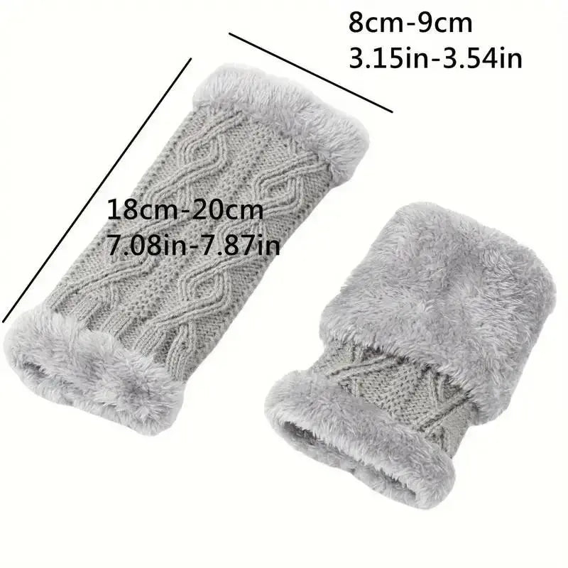 Thickened Fleece Gloves, Rhombus Short Knit Fingerless Mitts, Winter Fall Warm Gloves, Christmas Gift for Boys Girls
