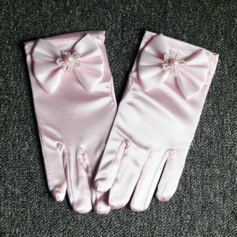 4-13Y Children Satin Bow Gloves Girls Flower White Pink Gloves Princess Birthday Glof Student Etiquette Stage Performance Glof