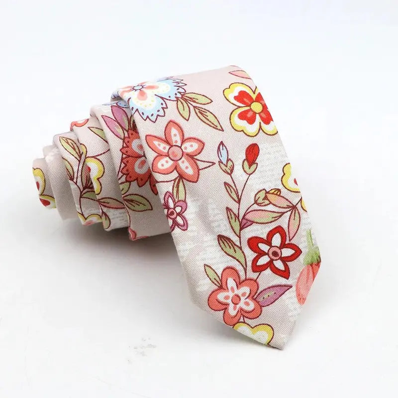 Men's Skinny Floral Cotton Necktie - Classic Print Adult Male Clothing Accessory for Weddings, Casual Suit Outfits