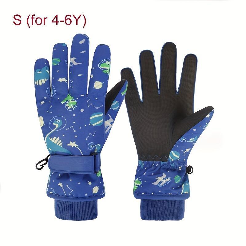 Kids' Thickened Full Hand Coldproof Ski Gloves, 4-5 Years+, Adjustable Wrist Strap, Colorful Designs, Warm for Skiing, Snowboarding