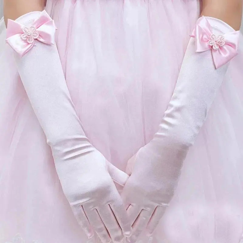 4-13Y Children Satin Bow Gloves Girls Flower White Pink Gloves Princess Birthday Glof Student Etiquette Stage Performance Glof