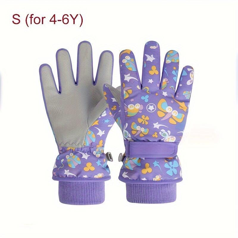 Kids' Thickened Full Hand Coldproof Ski Gloves, 4-5 Years+, Adjustable Wrist Strap, Colorful Designs, Warm for Skiing, Snowboarding