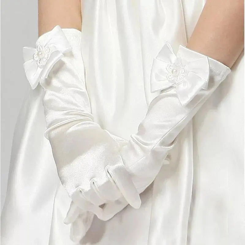 4-13Y Children Satin Bow Gloves Girls Flower White Pink Gloves Princess Birthday Glof Student Etiquette Stage Performance Glof