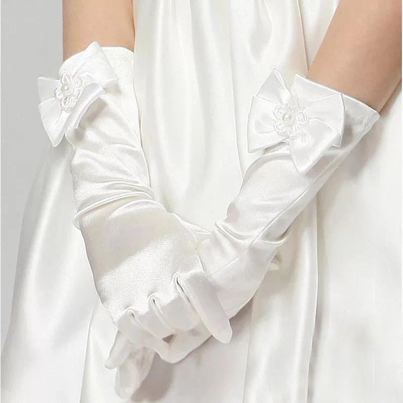 4-13Y Children Satin Bow Gloves Girls Flower White Pink Gloves Princess Birthday Glof Student Etiquette Stage Performance Glof