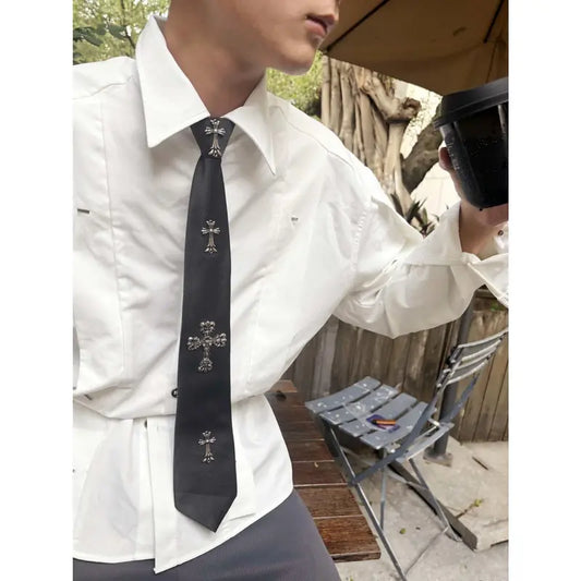 Men's Solid Black Pre-Tied Bow Tie - Punk-Ready Look Cross-Knot Design, Adjustable Zipper Polyester Fashion Accessory for Males