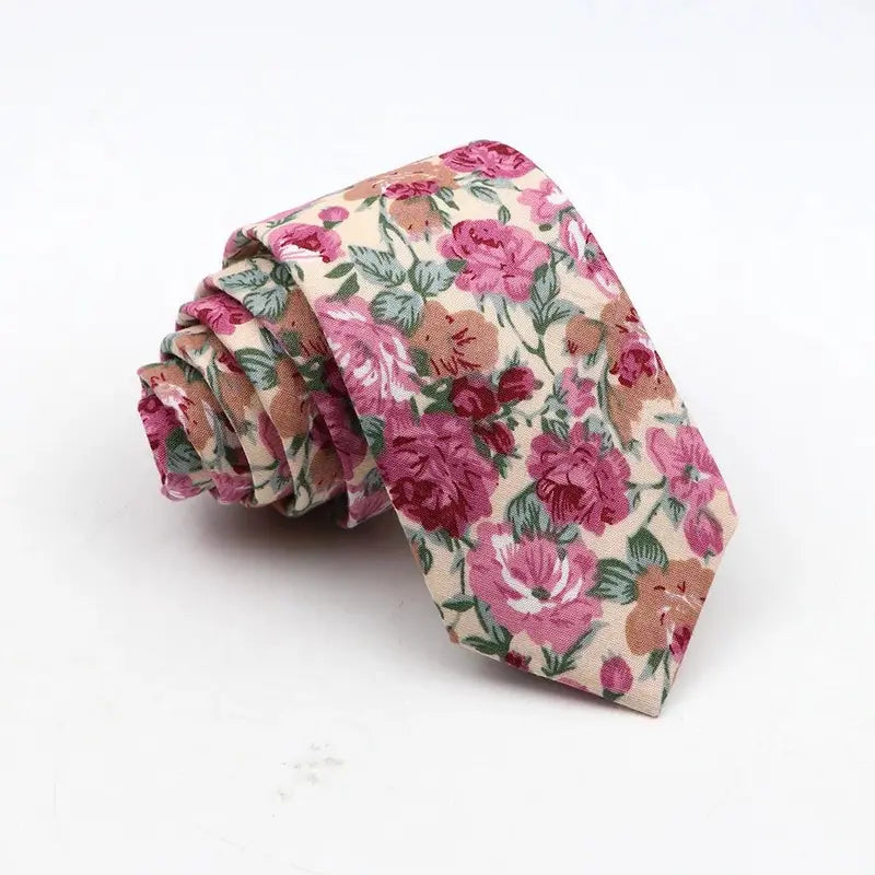 Men's Skinny Floral Cotton Necktie - Classic Print Adult Male Clothing Accessory for Weddings, Casual Suit Outfits