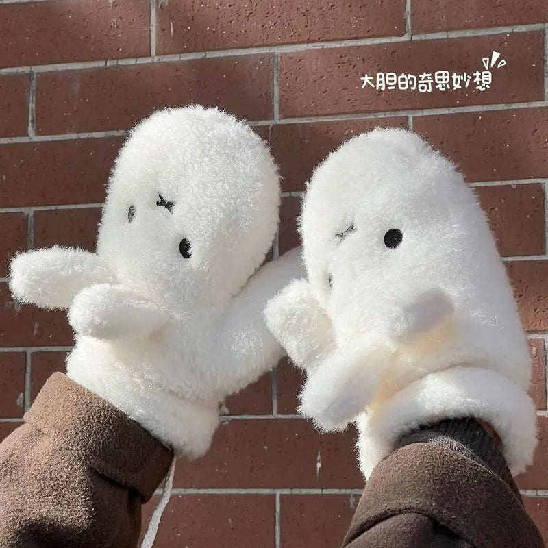 Kawaii Miffy Plush Mittens Cute Rabbit Warm Gloves Thicken Fuzzy Detachable Rope  Anti-Lost Strap Winter Outdoor Snow Girl Gift