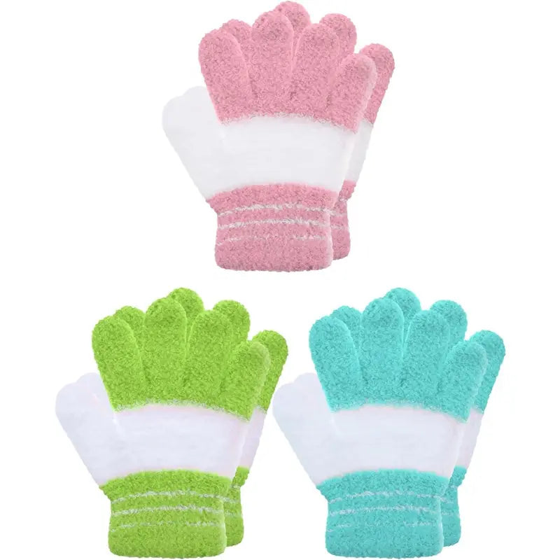 P-GCS019   3 Pairs Kids Winter Knit Gloves Stretchy Full Finger Fluffy Mittens for Toddler Boys Girls 1-11 Years