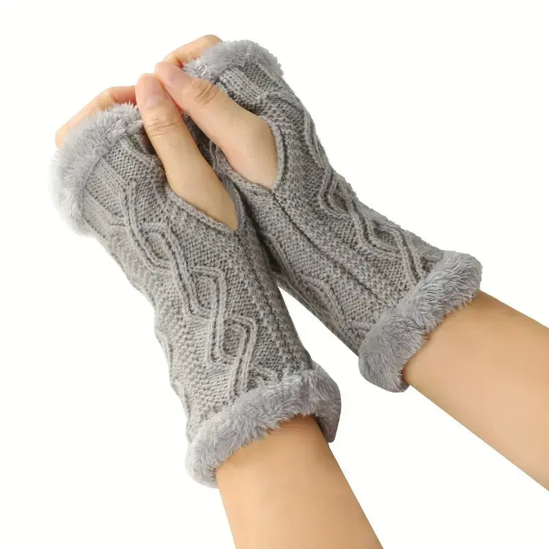 Thickened Fleece Lined Gloves, Short Knitted Fingerless Mitts, Warm Winter Accessories for Boys & Girls, Junior, Perfect Christmas Gift