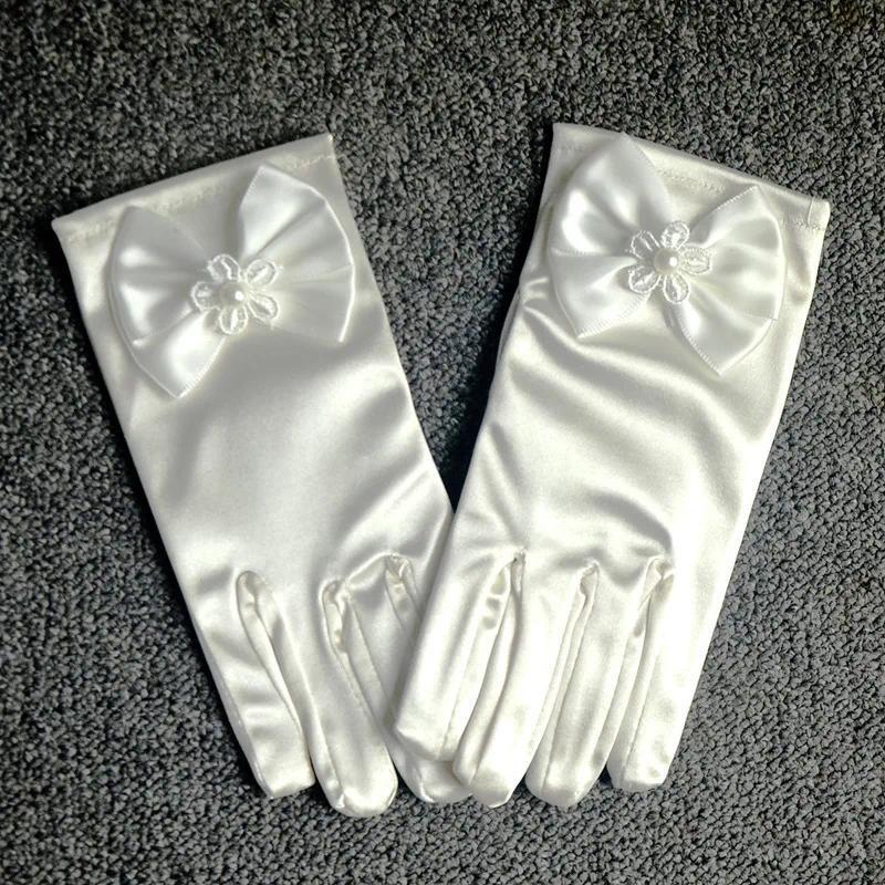 4-13Y Children Satin Bow Gloves Girls Flower White Pink Gloves Princess Birthday Glof Student Etiquette Stage Performance Glof