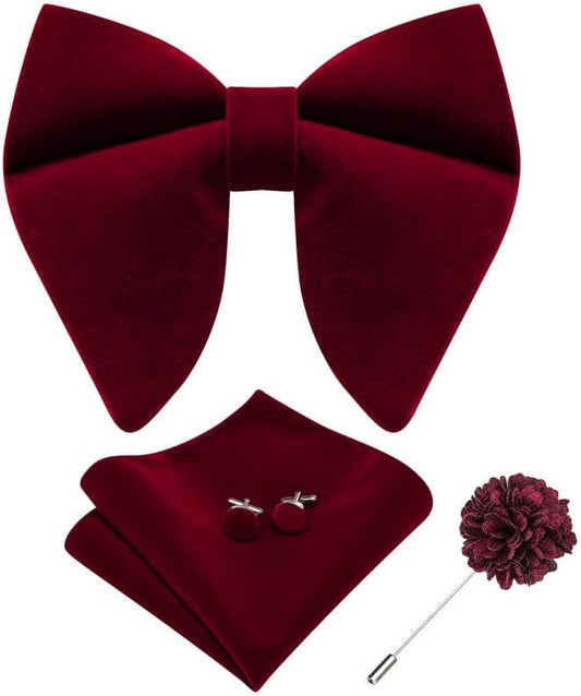 Hi-Tie Men's Velvet Bow Tie Pre-tied Oversized Bowties Pocket Square Set