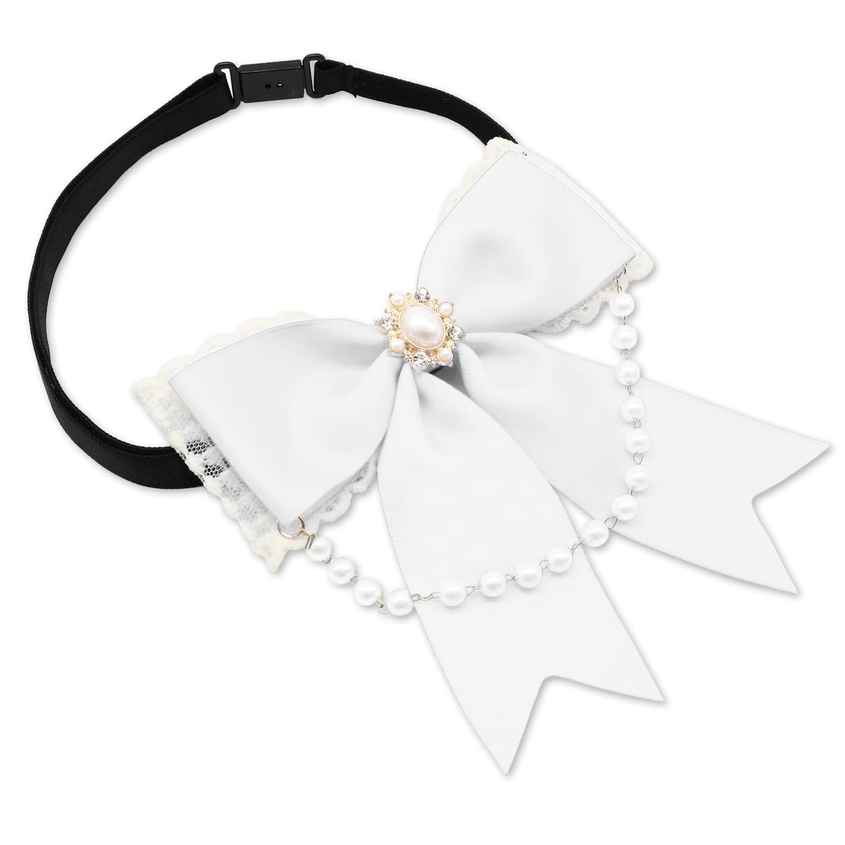 LJBFNN Black Bow Tie for Girls Women, School Girl Ties with Pearls Adjustable Pre-tied Kids Bowtie for Uniform Blouse Costume