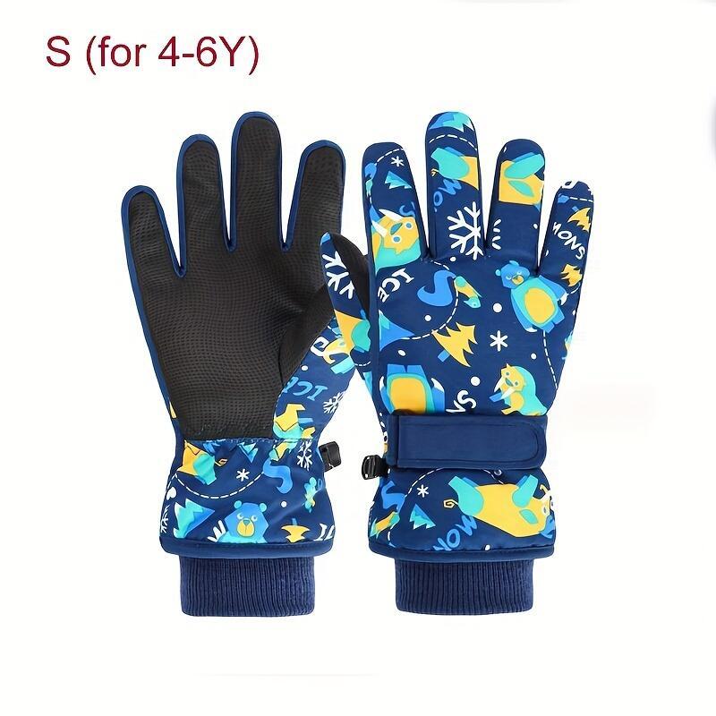 Kids' Thickened Full Hand Coldproof Ski Gloves, 4-5 Years+, Adjustable Wrist Strap, Colorful Designs, Warm for Skiing, Snowboarding
