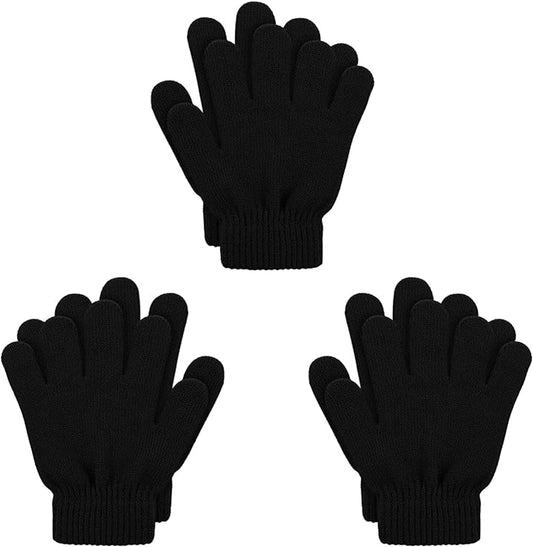 3 Pairs Kids Winter Knit Gloves Warm Black for Boys Girls
