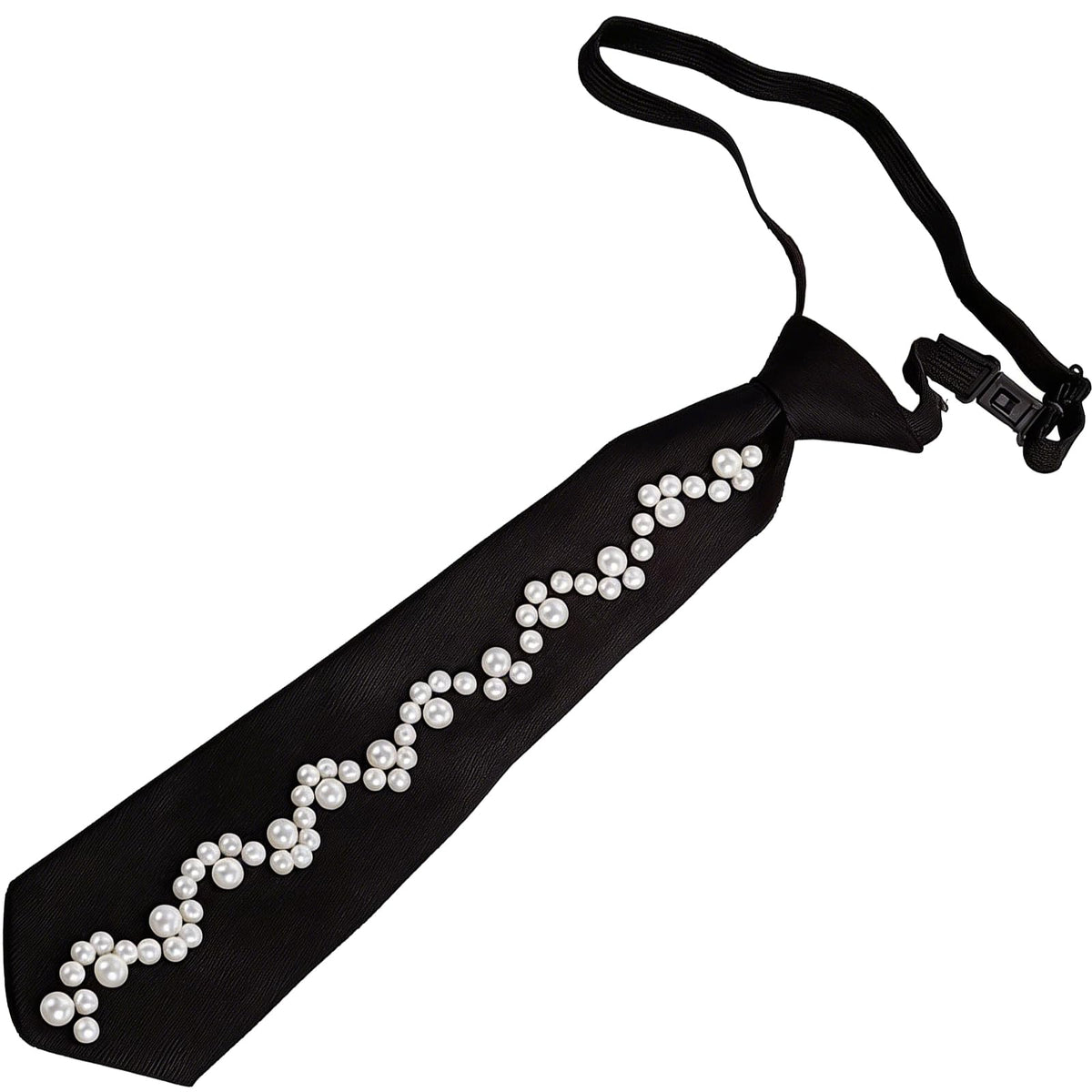 Women Faux Pearl Bow Tie, Black Silk Necktie, Adjustable Pre-tied Neck Tie with Rhinestones, Formal Wear for Women