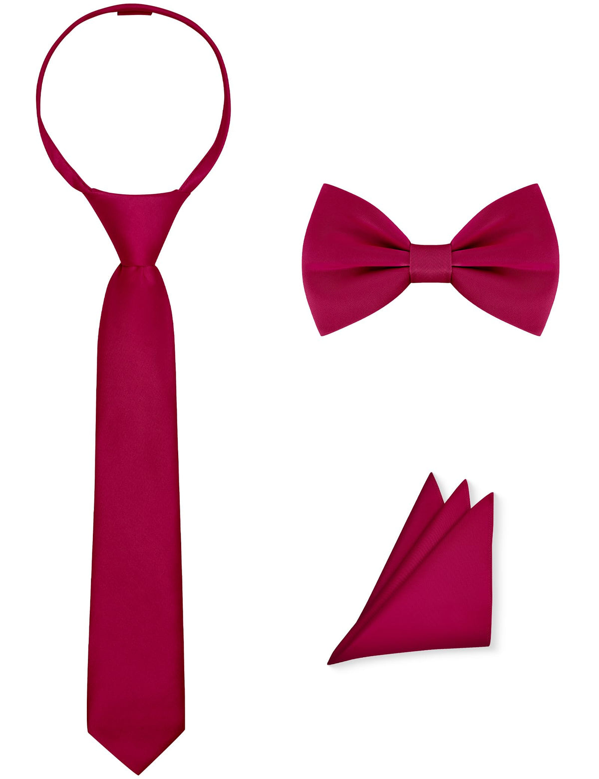 Pre-Tied Boys Set: Necktie, Bow Tie, Pocket Square | Adjustable Zipper Tie | Stain Formal Wear for Wedding Party
