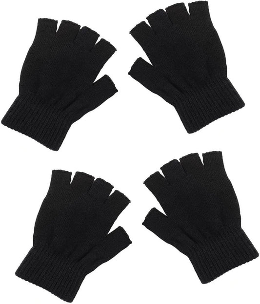 2 Pairs Unisex Kids Fingerless Gloves Winter Black Knit Gloves
