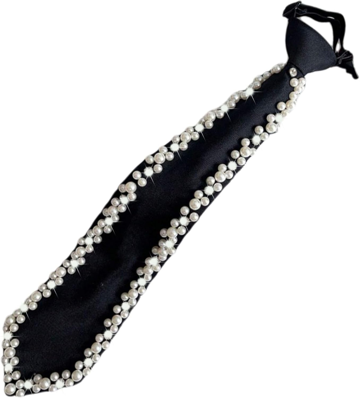 Women Faux Pearl Bow Tie, Black Silk Necktie, Adjustable Pre-tied Neck Tie with Rhinestones, Formal Wear for Women
