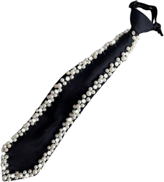 Women Faux Pearl Bow Tie, Black Silk Necktie, Adjustable Pre-tied Neck Tie with Rhinestones, Formal Wear for Women