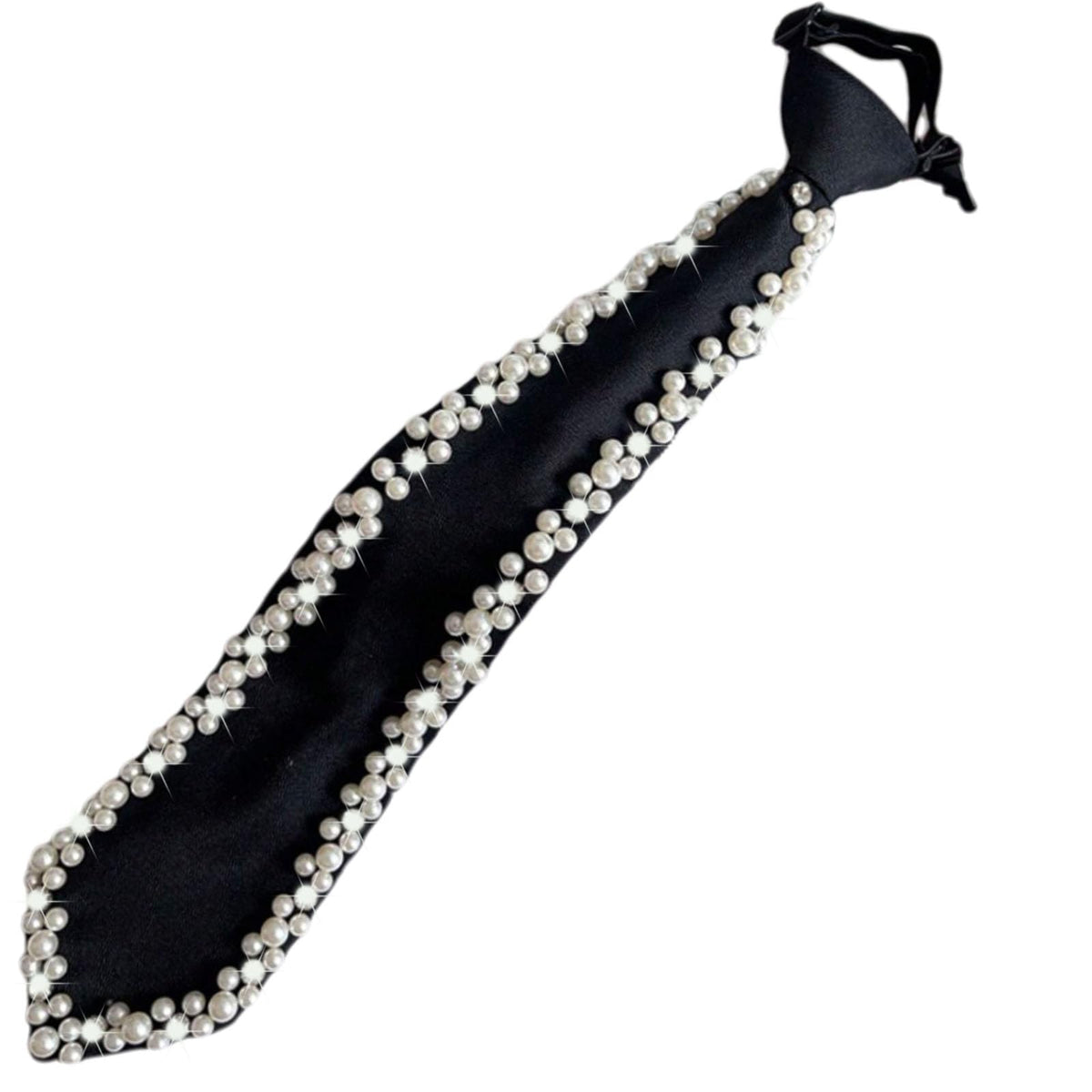 Women Faux Pearl Bow Tie, Black Silk Necktie, Adjustable Pre-tied Neck Tie with Rhinestones, Formal Wear for Women