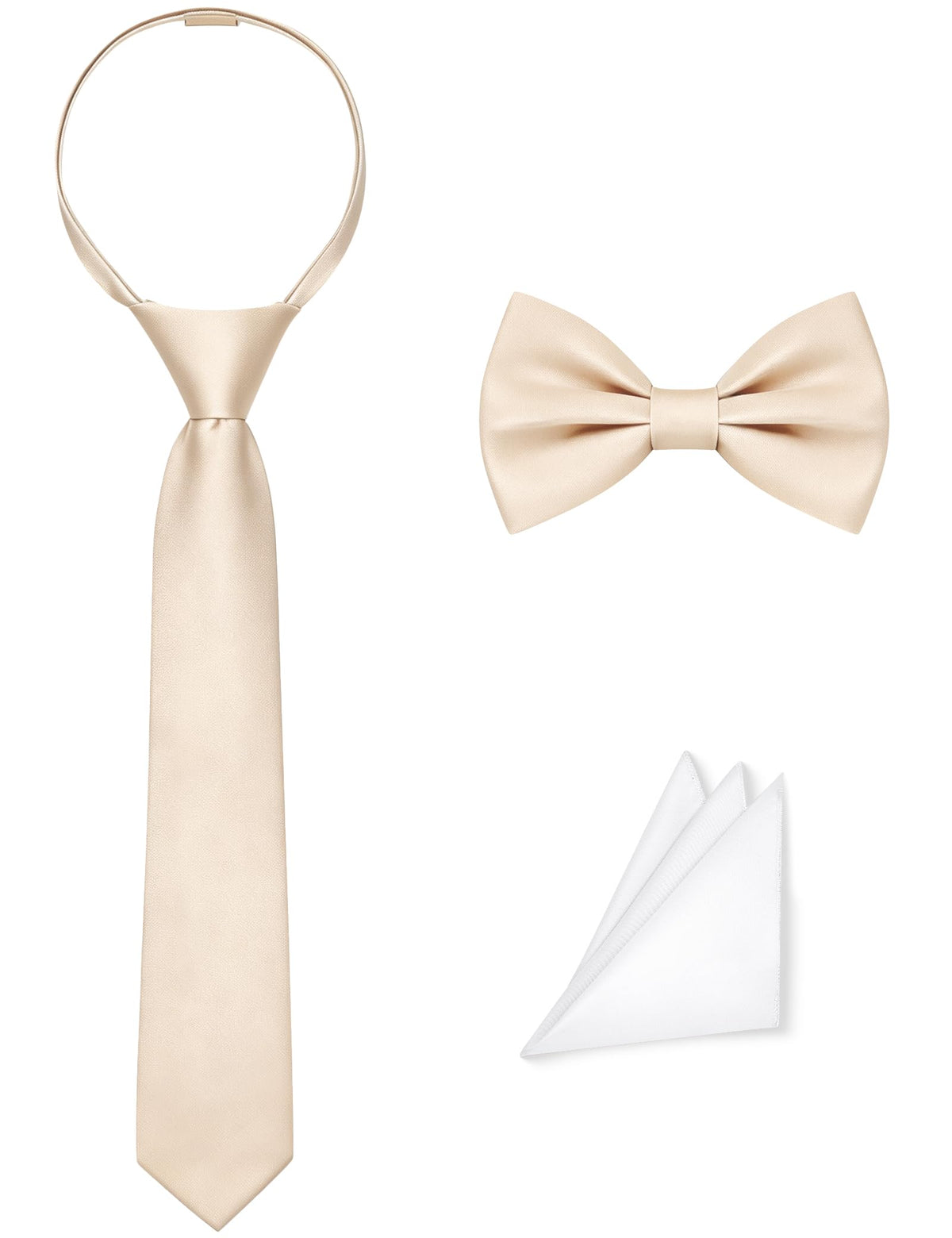 Pre-Tied Boys Set: Necktie, Bow Tie, Pocket Square | Adjustable Zipper Tie | Stain Formal Wear for Wedding Party