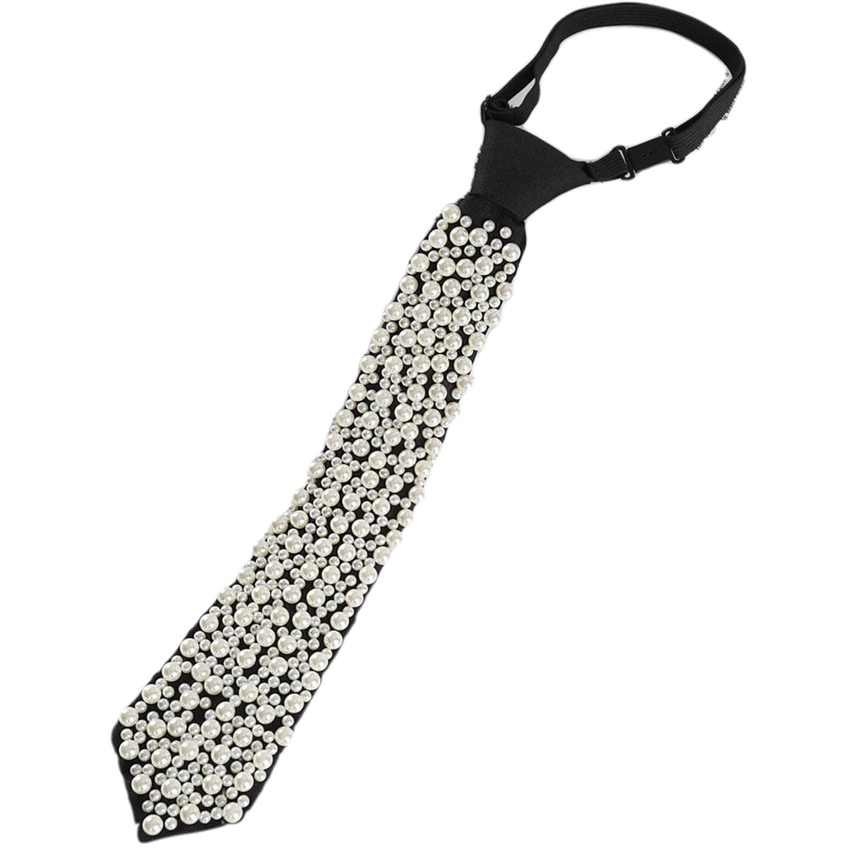 Women Faux Pearl Bow Tie, Black Silk Necktie, Adjustable Pre-tied Neck Tie with Rhinestones, Formal Wear for Women