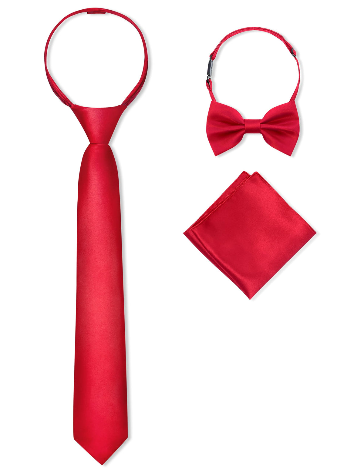 Boys Pre-tied Zipper Tie Elastic Strap Bowtie and Pocket Square 3-piece For Age 1-16 Years With Gift Box