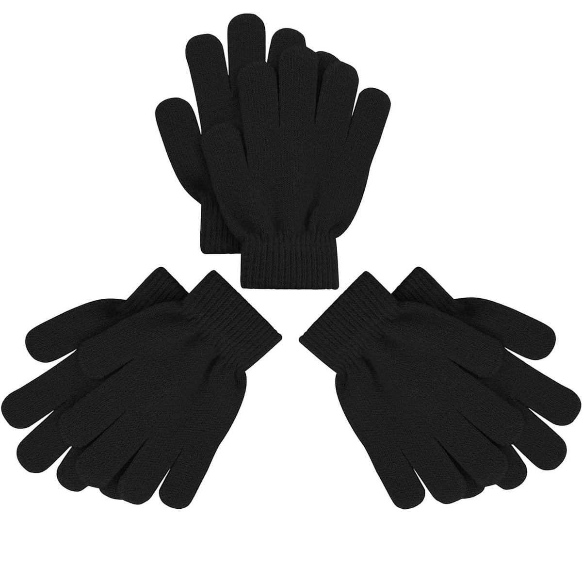 3 Pairs Magic Gloves Kids 3-12 Boys Girls Black Knit Gloves Warm Winter