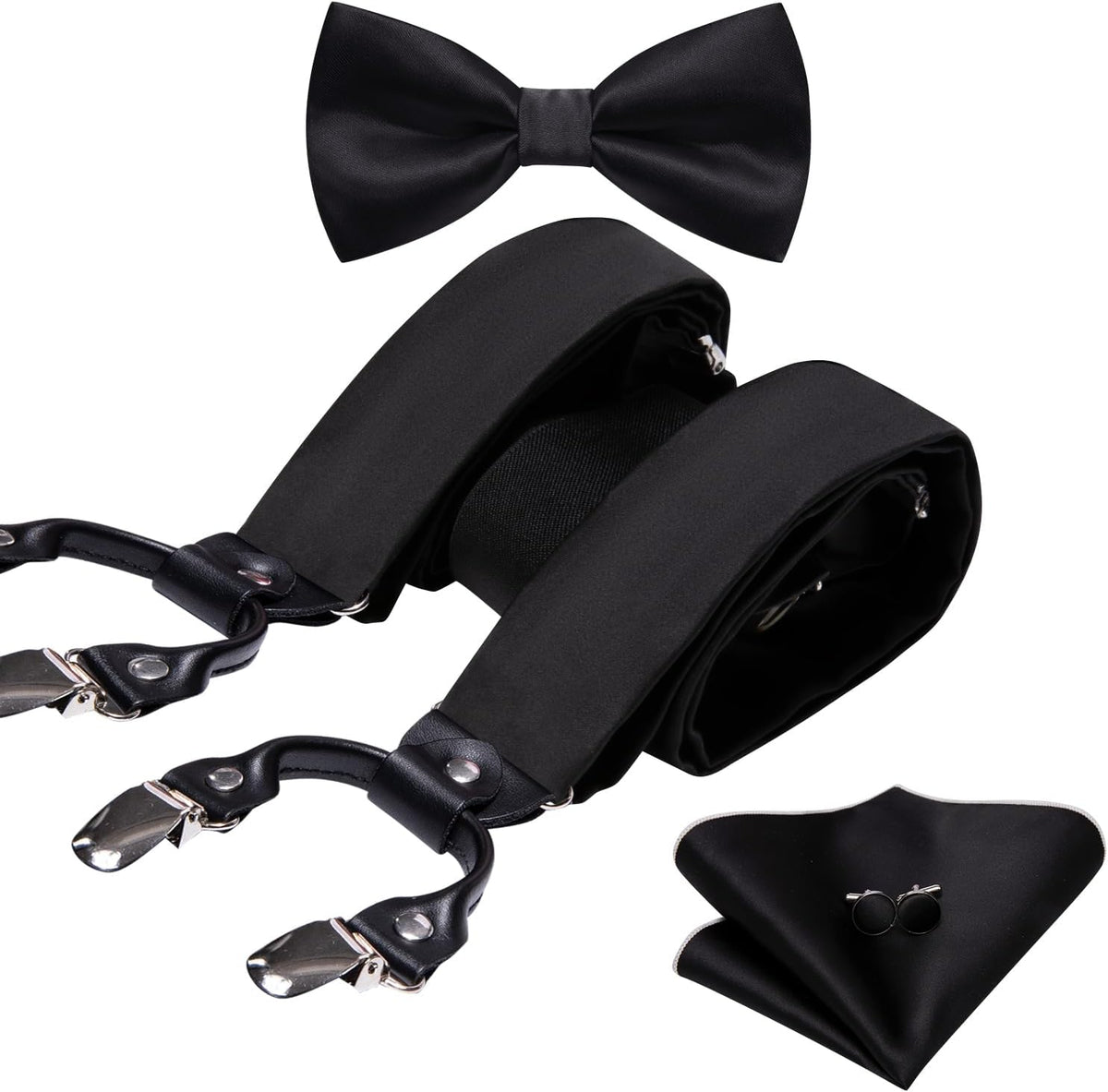 YOHOWA Suspenders for Men Tie Bowtie Set Adjustable Brace Handkerchief Cufflinks Strong Clip Elastic Band Wedding Party