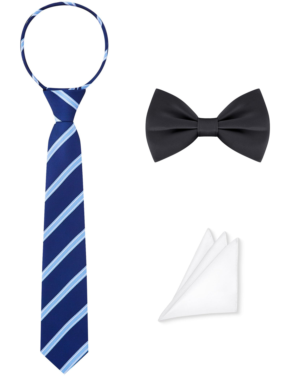 Pre-Tied Boys Set: Necktie, Bow Tie, Pocket Square | Adjustable Zipper Tie | Stain Formal Wear for Wedding Party