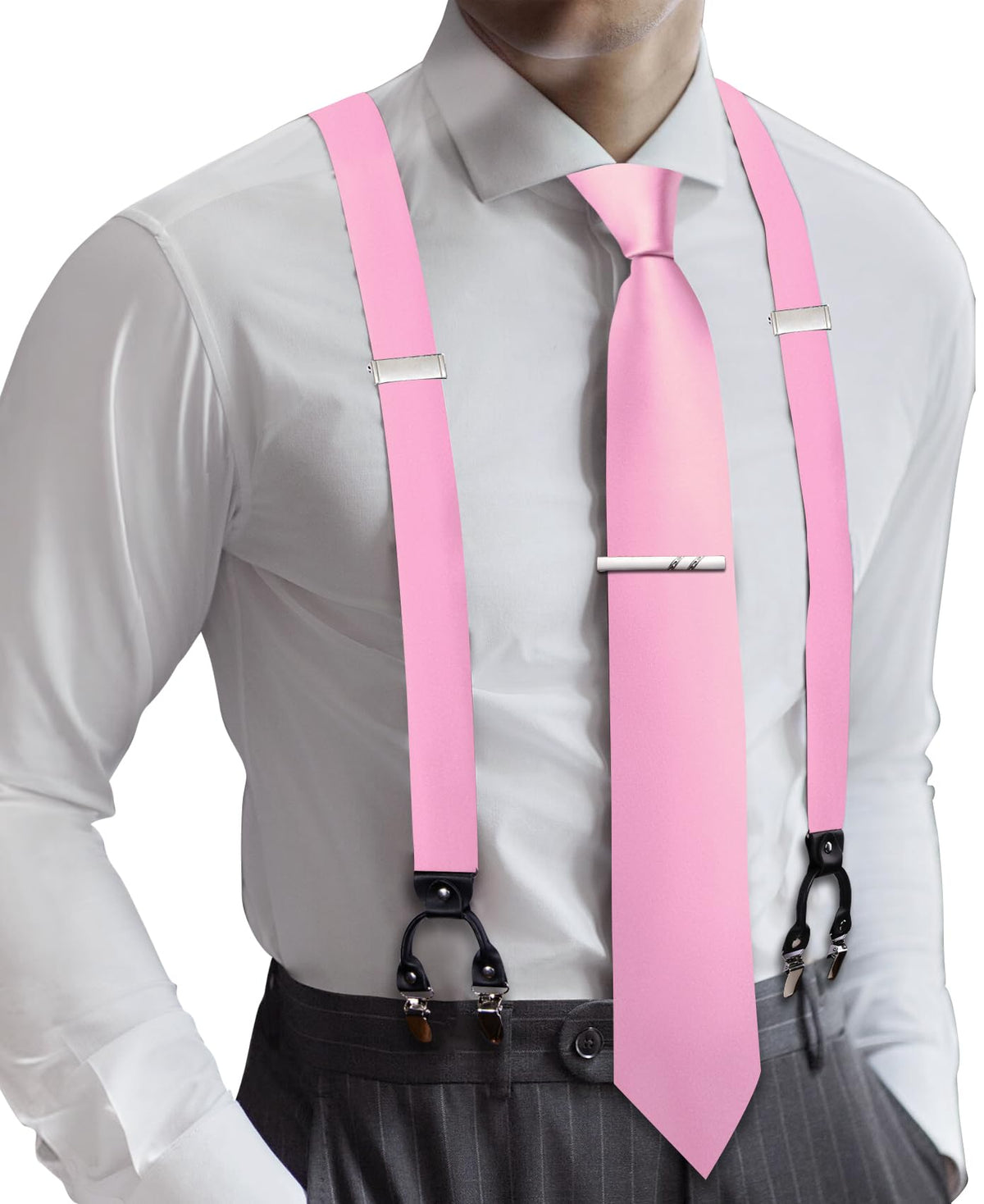 Barry.Wang Men Suspender Tie Sets Elastic Heavy 6 Clips Hanky Cufflink 5PCS