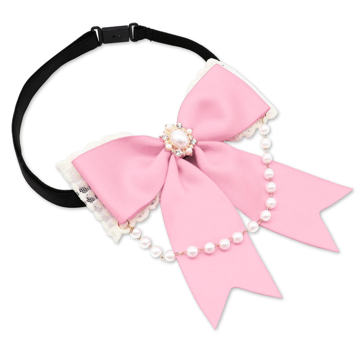 LJBFNN Black Bow Tie for Girls Women, School Girl Ties with Pearls Adjustable Pre-tied Kids Bowtie for Uniform Blouse Costume