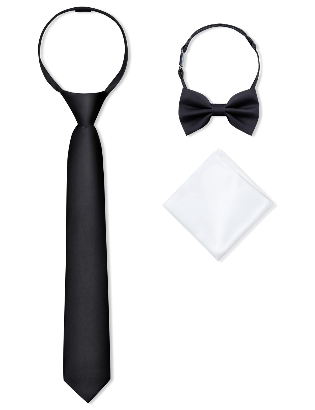 Boys Pre-tied Zipper Tie Elastic Strap Bowtie and Pocket Square 3-piece For Age 1-16 Years With Gift Box