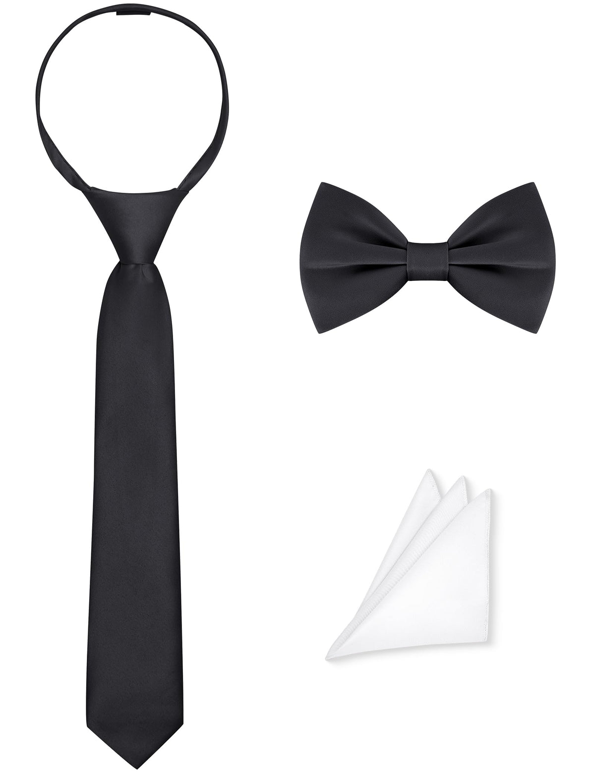 Pre-Tied Boys Set: Necktie, Bow Tie, Pocket Square | Adjustable Zipper Tie | Stain Formal Wear for Wedding Party