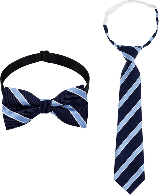 Qianyu 2Pcs Stripe Neckties and Bowtie Boys Pre-Tied Tie and Bow Tie Set