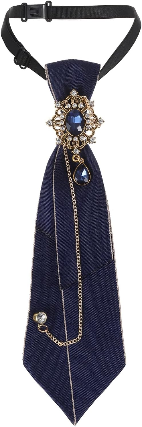 ElevateTech Adjustable Ties for Women Bow Tie with Crystal Pre-Tied Neck Tie Vintage Womens Necktie with Rhinestone Female Uniform Ties for Women School Party Prom Work Casual Dark Blue