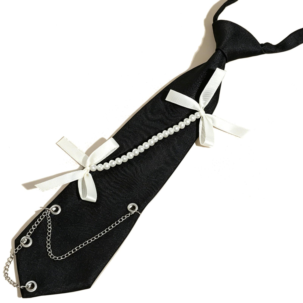 Women Faux Pearl Bow Tie, Black Silk Necktie, Adjustable Pre-tied Neck Tie with Rhinestones, Formal Wear for Women